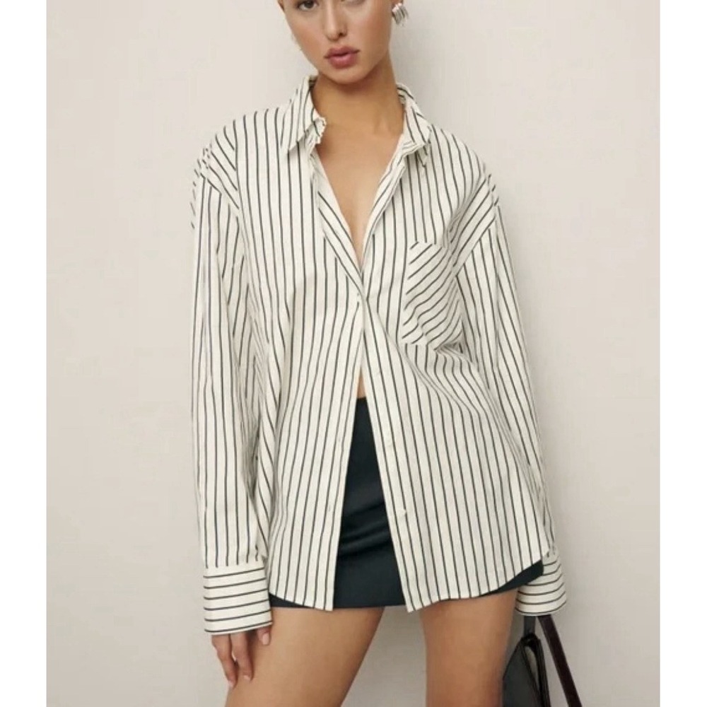 Reformation Will Oversized Shirt‎ Savoy Stripe Womens M Blue Organic Cotton